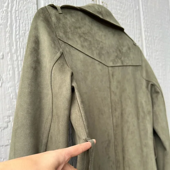 Zara Basic full length faux suede army green button up collared trench coat - Picture 9 of 15